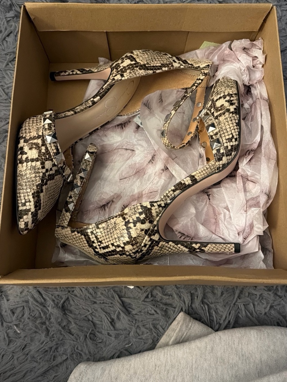 Jessica Simpson Snake-Print Studded Ankle-Strap Heels in Beige & Black